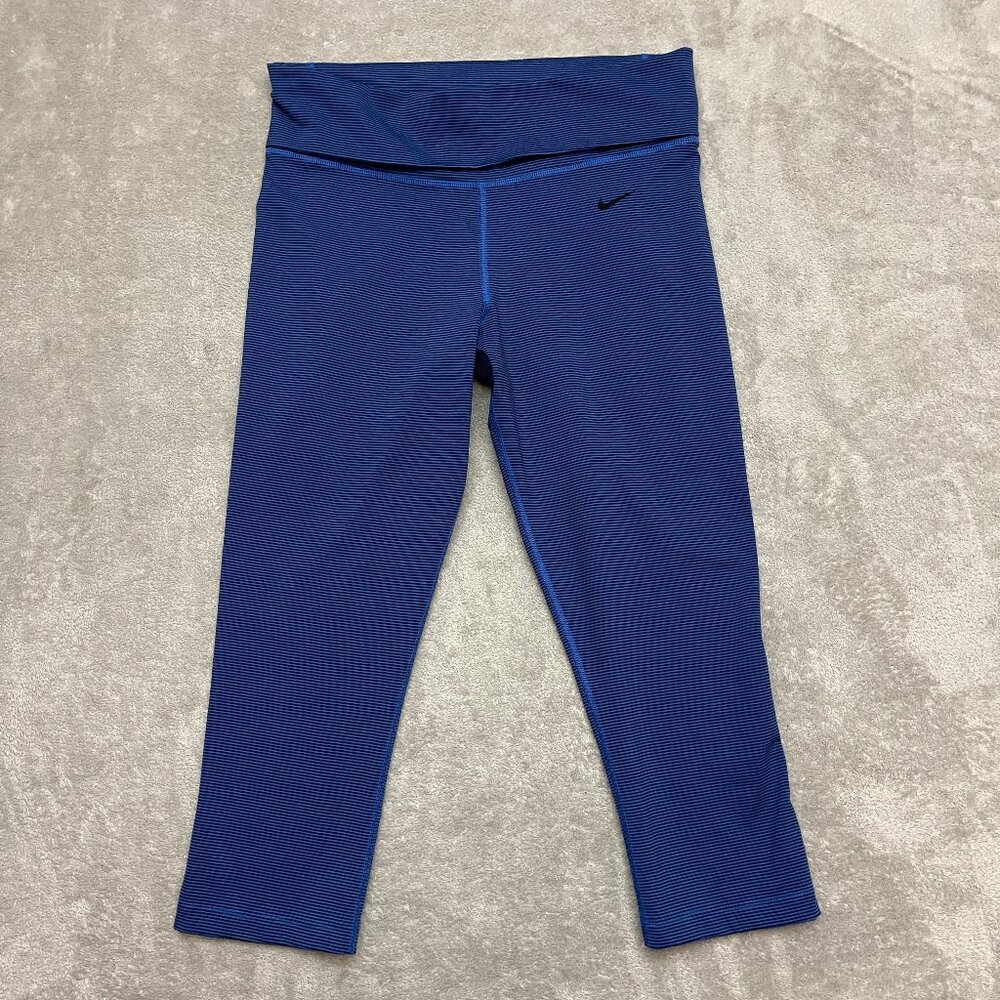 Nike Womens Dri-Fit Legend 2.0 Foldover Waistband Capri Pants Blue Stripe Size M